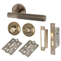 Altro Antique Brass Reeded Bathroom Lock Door Handles Pack - Lily Range