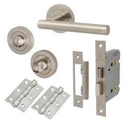 Touchpoint Satin Nickel Bathroom Lock Door Handles on Rose Pack - Ella Range