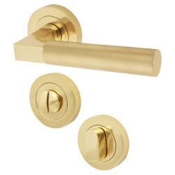 Hampstead Polished Solid Brass Knurled Door Handles on Rose with Turn & Release
