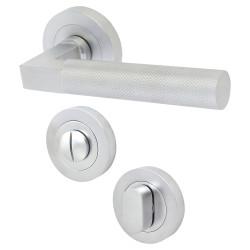 Hampstead Satin Chrome Solid Brass Knurled Door Handles on Rose with Turn & Release