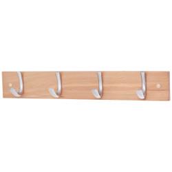 Altro Coat Hook / Robe Hook Rail - 450 x 70 x 15mm - 4 Hooks - Wooden Board with Satin Chrome Hooks