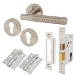 Altro Satin Nickel Reeded Euro Lock Door Handles on Rose Pack - Lily Range