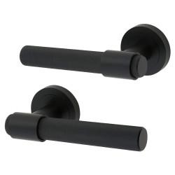 Altro Matt Black Knurled Door Handles on Round Rose - Esme Range