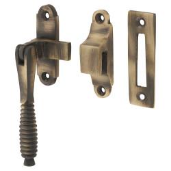 Altro Cast Reeded Mortice & Hook Plate Casement Window Fastener - Reversible - Antique Brass