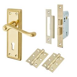 Touchpoint Polished Brass Budget Rope Edge Scroll 3 Lever Sashlock Door Handles Pack - Mia Range