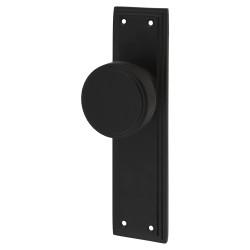Hampstead Matt Black Knurled Mortice Latch Door Knob on Backplate - 205 x 52mm - Miller Range