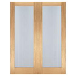 LPD Mexicano Pattern 10 Clear & Frosted Lines Unfinished Internal French Doors - 1981 x 1524mm - Oak