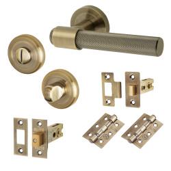 Altro Antique Brass Knurled Bathroom Deadbolt Lock Door Handles on Rose Pack - Esme Range