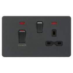 Knightsbridge 45A 2 Gang DP Cooker Switch & 13A Switched Socket with Neon - Anthracite/Black Insert