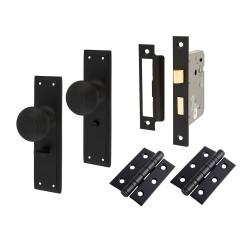 Hampstead Matt Black Reeded Bathroom Lock Mortice Door Knobs on Backplate Pack - Miller Range - 205 x 52mm