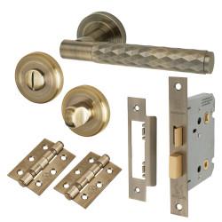Altro Antique Brass Diamond Bathroom Lock Door Handles on Rose Pack - Luna Range