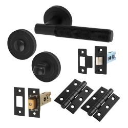 Altro Matt Black Reeded Bathroom Deadbolt Lock Door Handles on Rose Pack - Lily Range