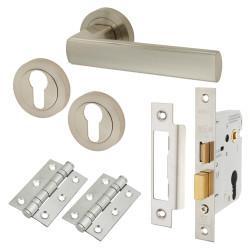Altro Satin Nickel Euro Lock Door Handles on Rose Pack - Zara Range
