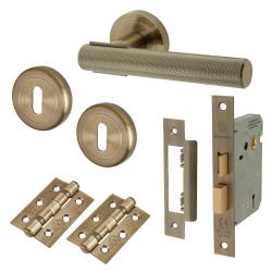 Altro Antique Brass Knurled 3 Lever Sashlock Door Handles on Rose Pack - Orla Range
