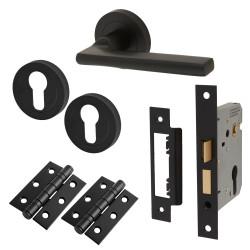 Touchpoint Matt Black Euro Lock Door Handles on Rose Pack - Lexi Range