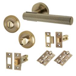 Altro Antique Brass Knurled Bathroom Deadbolt Lock Door Handles on Rose Pack - Orla Range