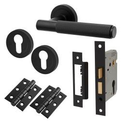 Altro Matt Black Knurled Euro Lock Door Handle on Rose Pack - Remi Range