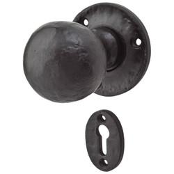 Olde Forge Antique Black Iron Ball Mortice/Rim Door Knob with Escutcheon - 62mm Rose Diameter