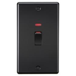 Knightsbridge 45A 2 Gang Round Edge Double Pole Cooker Switch with Neon - Matt Black