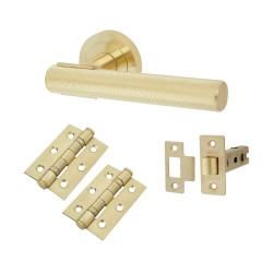 Altro Satin Brass Knurled Latch Door Handles on Rose Pack - Orla Range