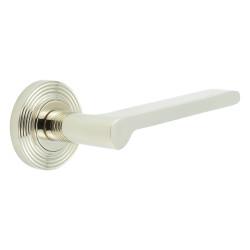 Burlington by Frelan Polished Nickel Fire Rated Door Handles on Round Reeded Rose - Fitzrovia Range