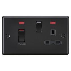 Knightsbridge 45A Round Edge DP Cooker Switch & 13A Socket with Neons - Matt Black/Black Insert