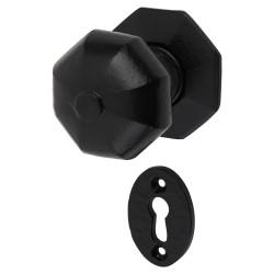 Olde Forge Antique Black Iron Octagonal Mortice/Rim Door Knob with Escutcheon - 59mm Rose Diameter