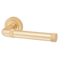Jedo Satin Brass Fire Rated Knurled Door Handles on Round Rose - Midtown Range