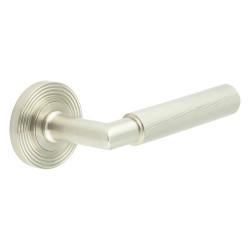 Burlington by Frelan Satin Nickel Knurled Fire Rated Door Handles on Round Reeded Rose - Piccadilly Range