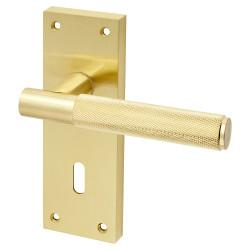 Altro Satin Brass Knurled Keyhole Lock Door Handles - Remi Range - 155 x 55mm