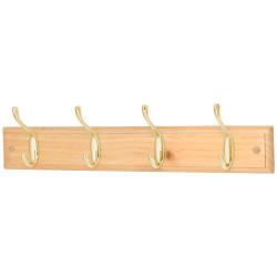 Touchpoint Hat & Coat Hook Rail - 450 x 70 x 15mm - 4 Hooks - Pine Board with Polished Brass Hooks