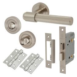 Altro Satin Nickel Knurled Bathroom Lock Door Handles on Rose Pack - Esme Range
