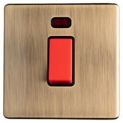 Eurolite Concealed 45A 1 Gang Screwless Flat Plate DP Cooker Switch with Neon - Antique Brass/Black