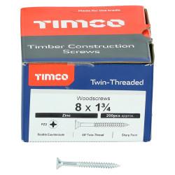 TIMCO Twin Threaded Pozi Countersunk Wood Screws - 8 x 1 3/4" - Zinc Plated - Pack of 200