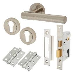 Altro Satin Nickel Knurled Euro Lock Door Handles on Rose Pack - Orla Range