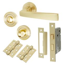 Altro Satin Brass Bathroom Lock Door Handles on Rose Pack - Ivy Range