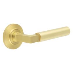 Burlington by Frelan Satin Brass Fire Rated Door Handles on Round Chamfered Rose - Westminster Range