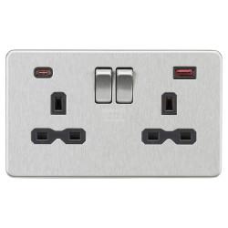 Knightsbridge 13A 2 Gang Type A/C 45W Fastcharge USB Socket with 2 x USB - Brushed Chrome/Black