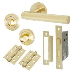 Altro Satin Brass Knurled Bathroom Lock Door Handles on Rose Pack - Orla Range
