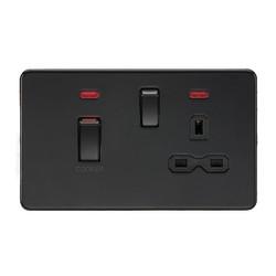 Knightsbridge 45A 2 Gang DP Cooker Switch & 13A Switched Socket with Neon - Matt Black/Black Insert