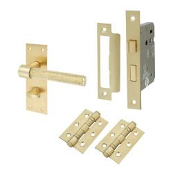 Altro Satin Brass Knurled Bathroom Lock Door Handles Pack - Loxley Range