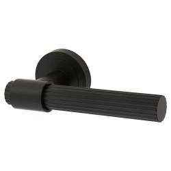 Altro Matt Black Lines Door Handles on Round Rose - Eva Range