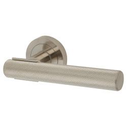 Altro Satin Nickel Knurled Door Handles on Round Rose - Orla Range