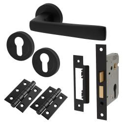 Altro Matt Black Euro Lock Door Handles on Rose Pack - Ivy Range