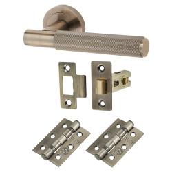 Altro Antique Brass Knurled Latch Door Handles on Rose Pack - Remi Range
