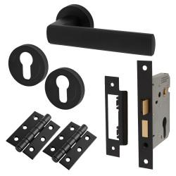 Altro Matt Black Euro Lock Door Handles on Rose Pack - Zara Range