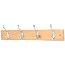 Touchpoint Hat & Coat Hook Rail - 450 x 70 x 15mm - 4 Hooks - Pine Board with Polished Chrome Hooks