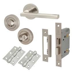 Touchpoint Satin Nickel Bathroom Lock Door Handles on Rose Pack - Lexi Range