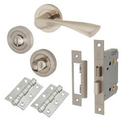Touchpoint Satin Nickel Bathroom Lock Door Handles on Rose Pack - Ariel Range