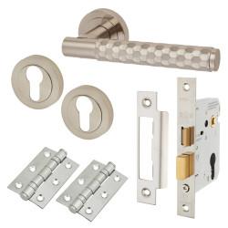 Altro Satin Nickel Honeycomb Euro Lock Door Handles on Rose Pack - Cara Range